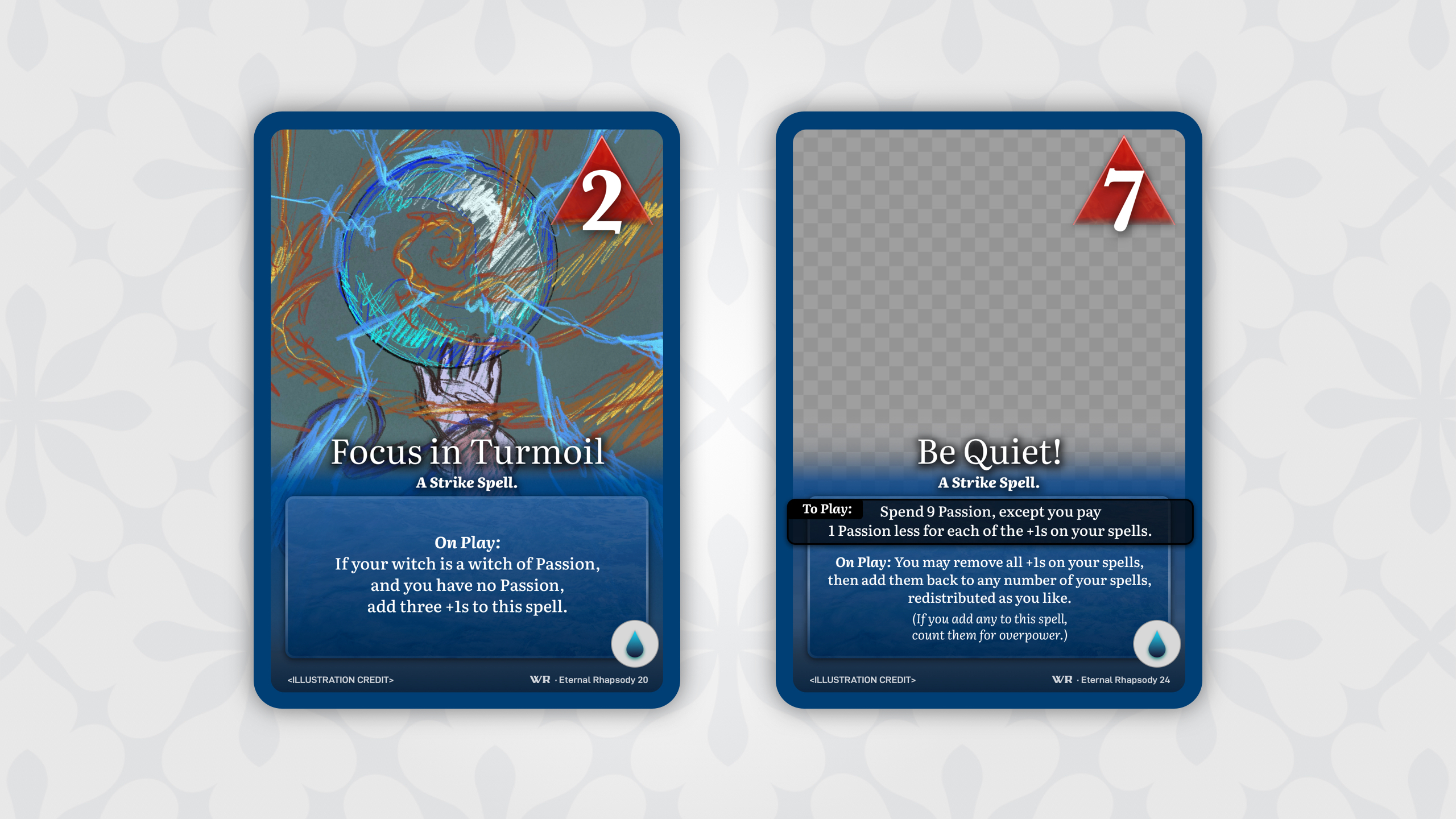 The cards Focus in Turmoil and Be Quiet!