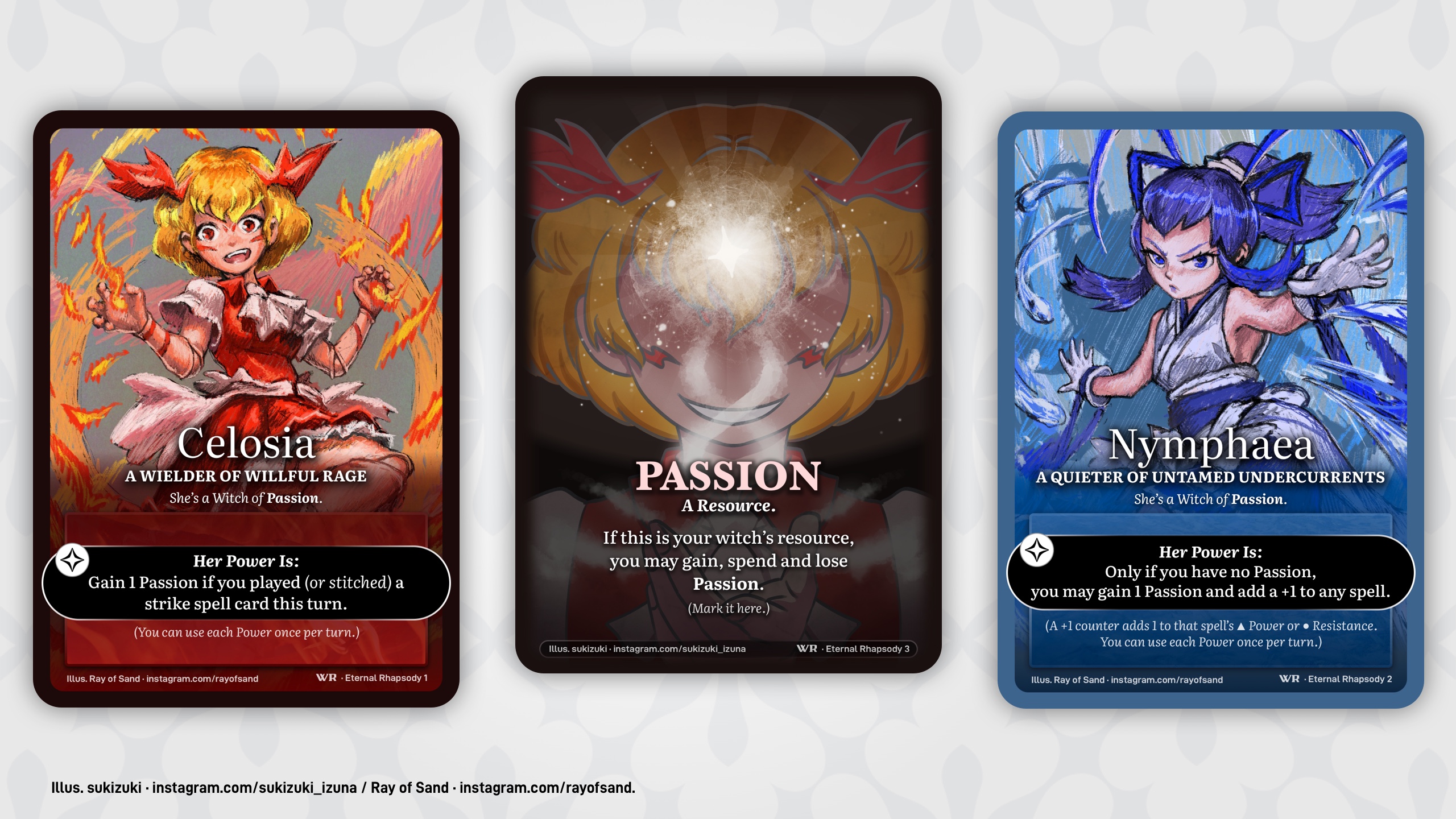 The two witches alongside their shared resource card, Passion.
